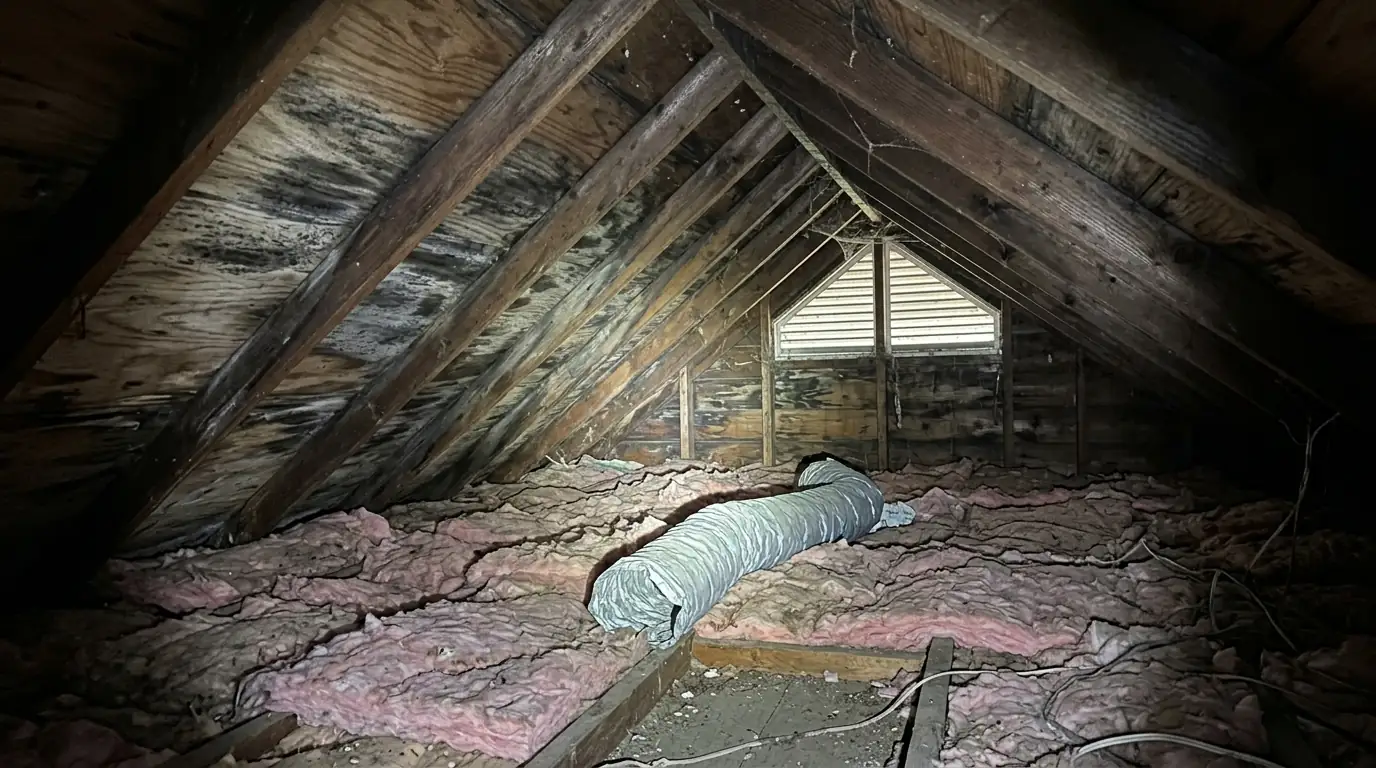 Dark mold staining on attic roof sheathing above a loose bathroom fan duct lying on fiberglass insulation