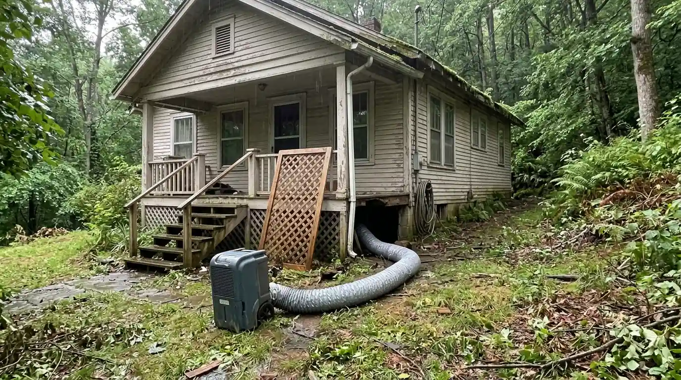 Wood-frame bungalow with a lifted crawl space hatch and a dehumidifier duct running under the house after a storm
