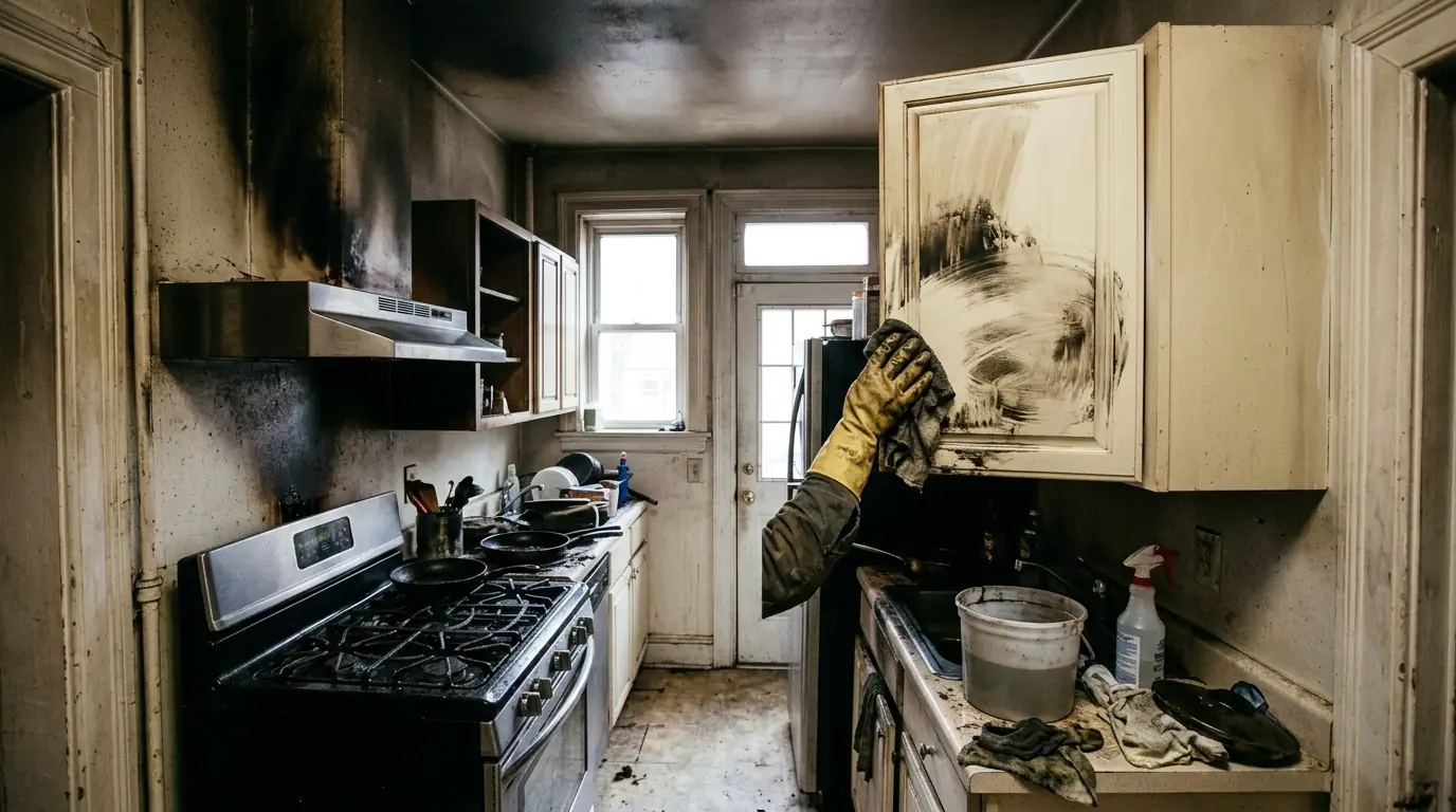 Rowhouse kitchen after a stovetop fire with soot above the range and hood, cabinets being degreased by a gloved hand
