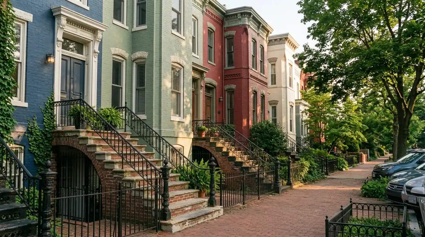 Painted DC rowhouses with English basement entrances under the stoops