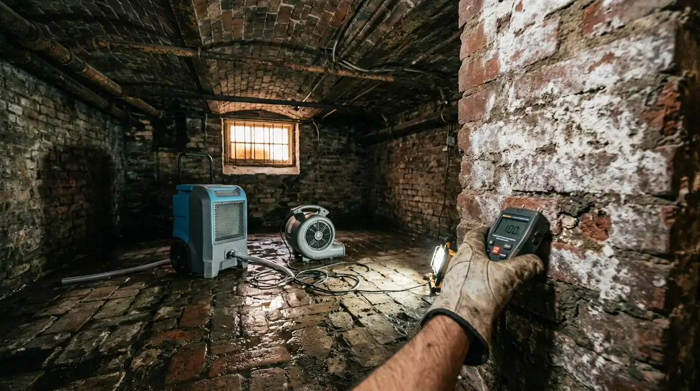 Compact dehumidifier drying a low brick cellar beneath an old Alexandria rowhouse