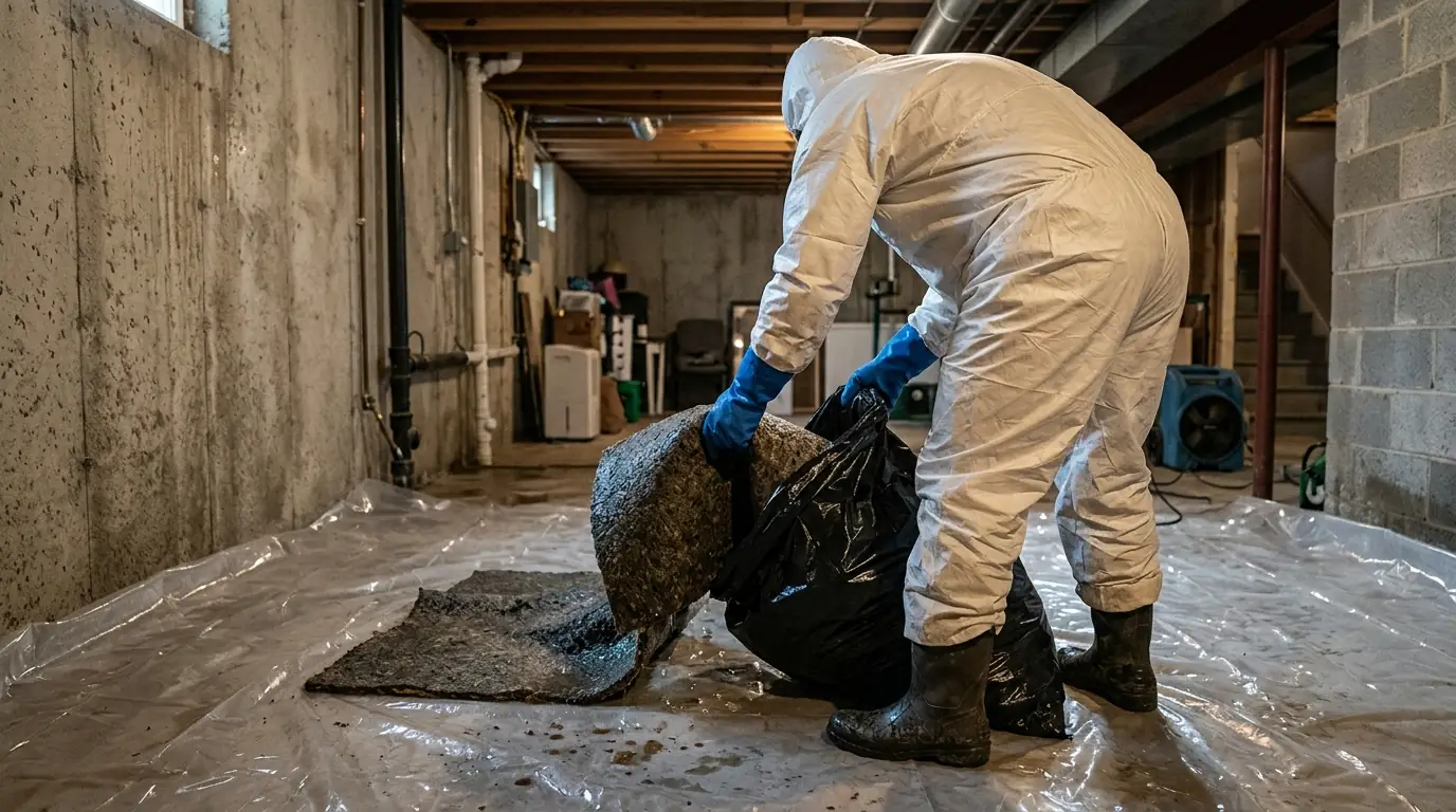 Technician bagging contaminated carpet pad in a basement