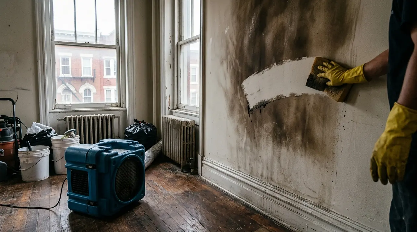 Gloved hands wiping greasy smoke residue from a painted wall in an apartment above a restaurant