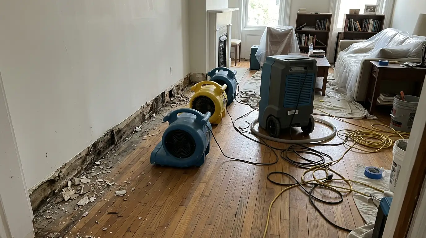 Air movers aimed at a wet drywall wall with baseboards removed in a rowhouse living room