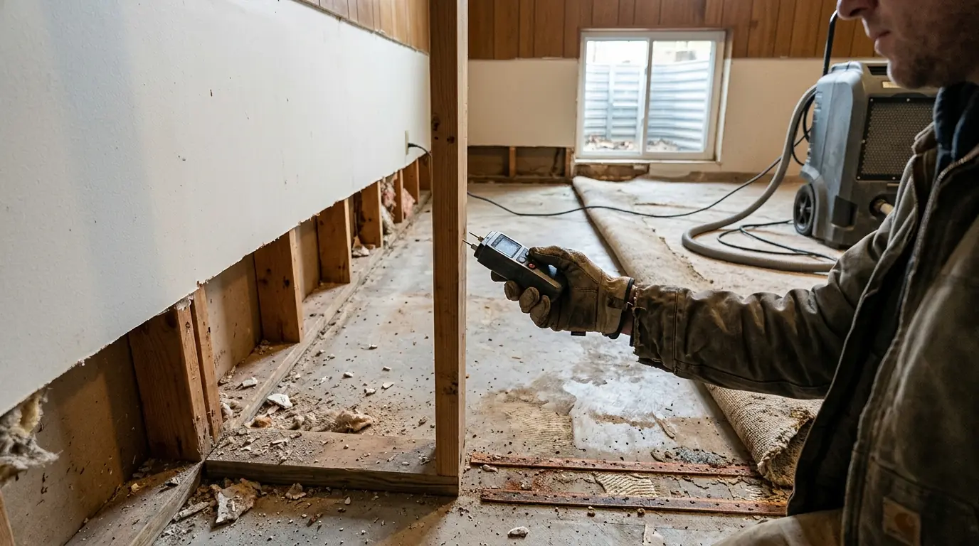 Gloved hand checking a damp finished basement wall with a pin meter in a Maryland split-level