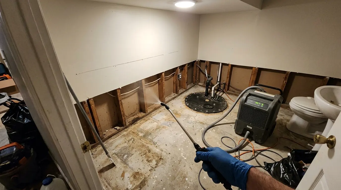 Basement bathroom with flooring pulled up and drywall cut low beside a sealed sewage ejector pit