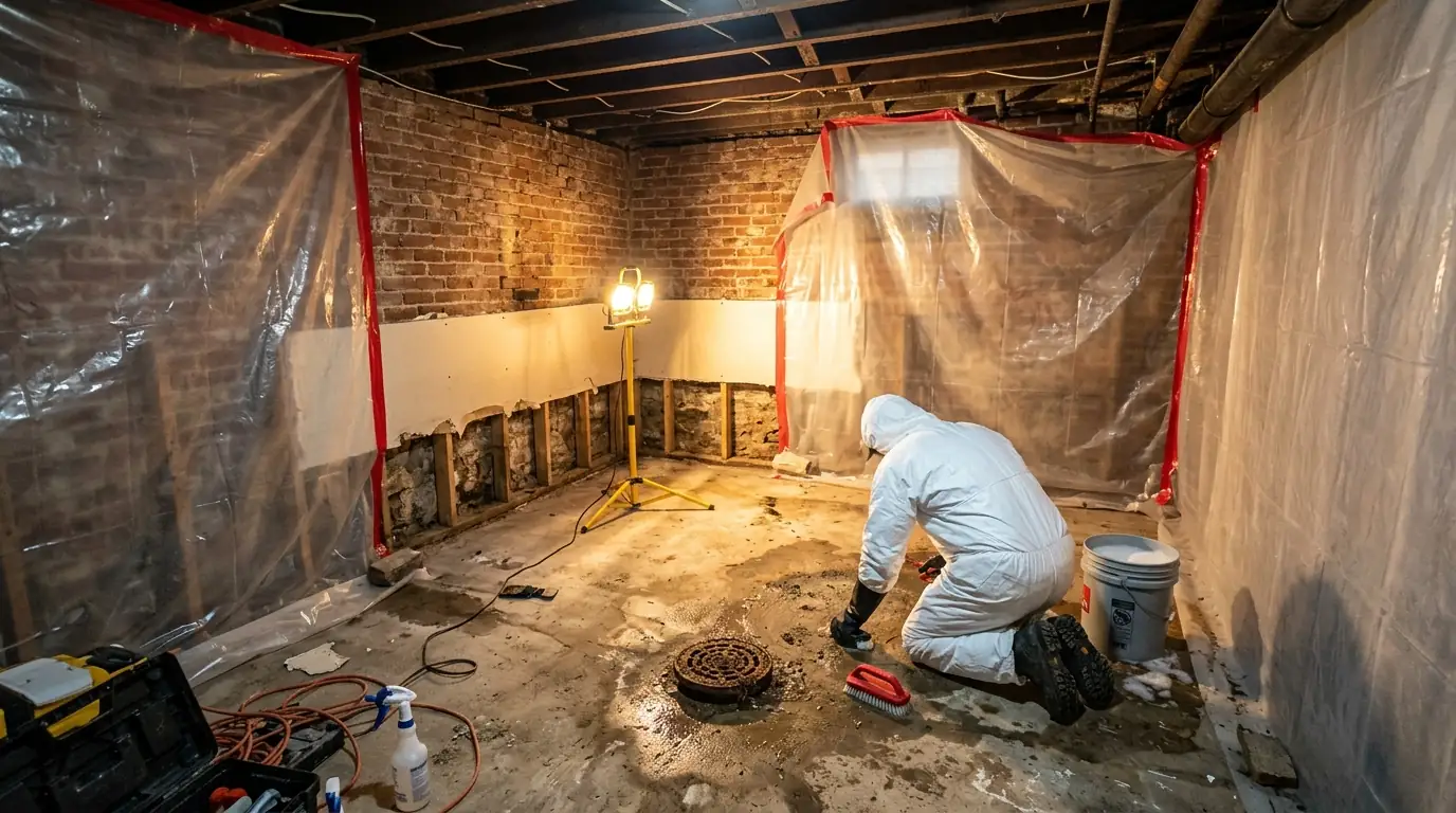 Technician in protective boots and gloves cleaning a contained basement floor around a cast iron floor drain