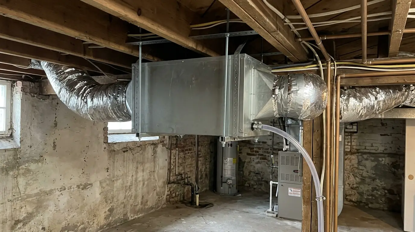 Whole-house dehumidifier mounted between basement ceiling joists with ducting and a drain line