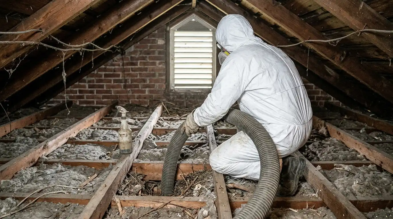 Technician in coveralls removing nested attic insulation with a large vacuum hose