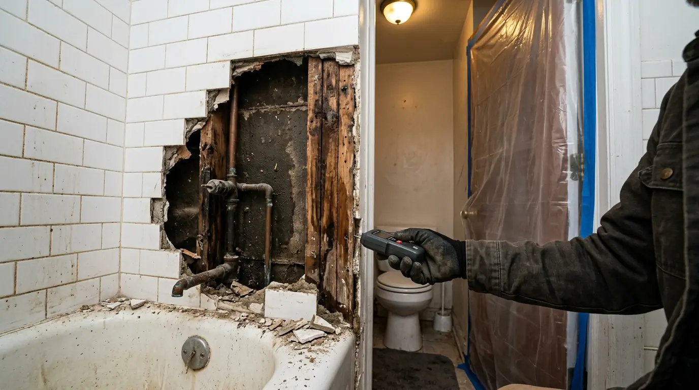 Opened tile shower wall in a DC rowhouse bathroom showing stained wood studs and backer board behind the tile