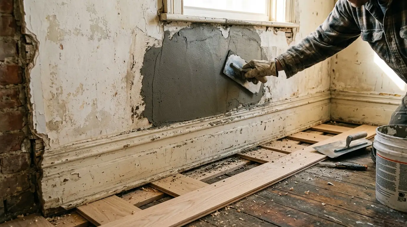 Fresh plaster patch drying on an old lath wall next to tall painted baseboard in a rowhouse room