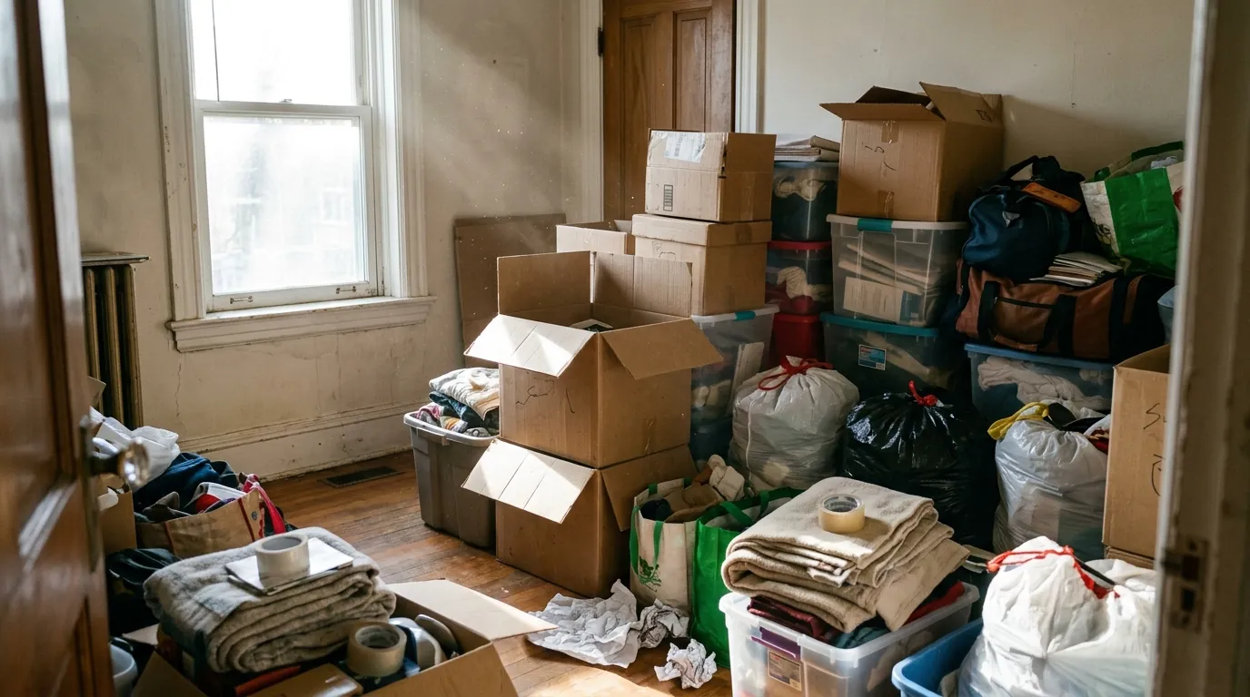 Cluttered spare room with stacked boxes and bags being sorted