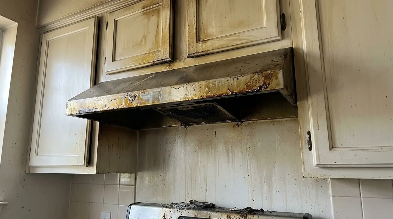 Greasy smoke residue on a range hood and upper kitchen cabinets after a stovetop fire