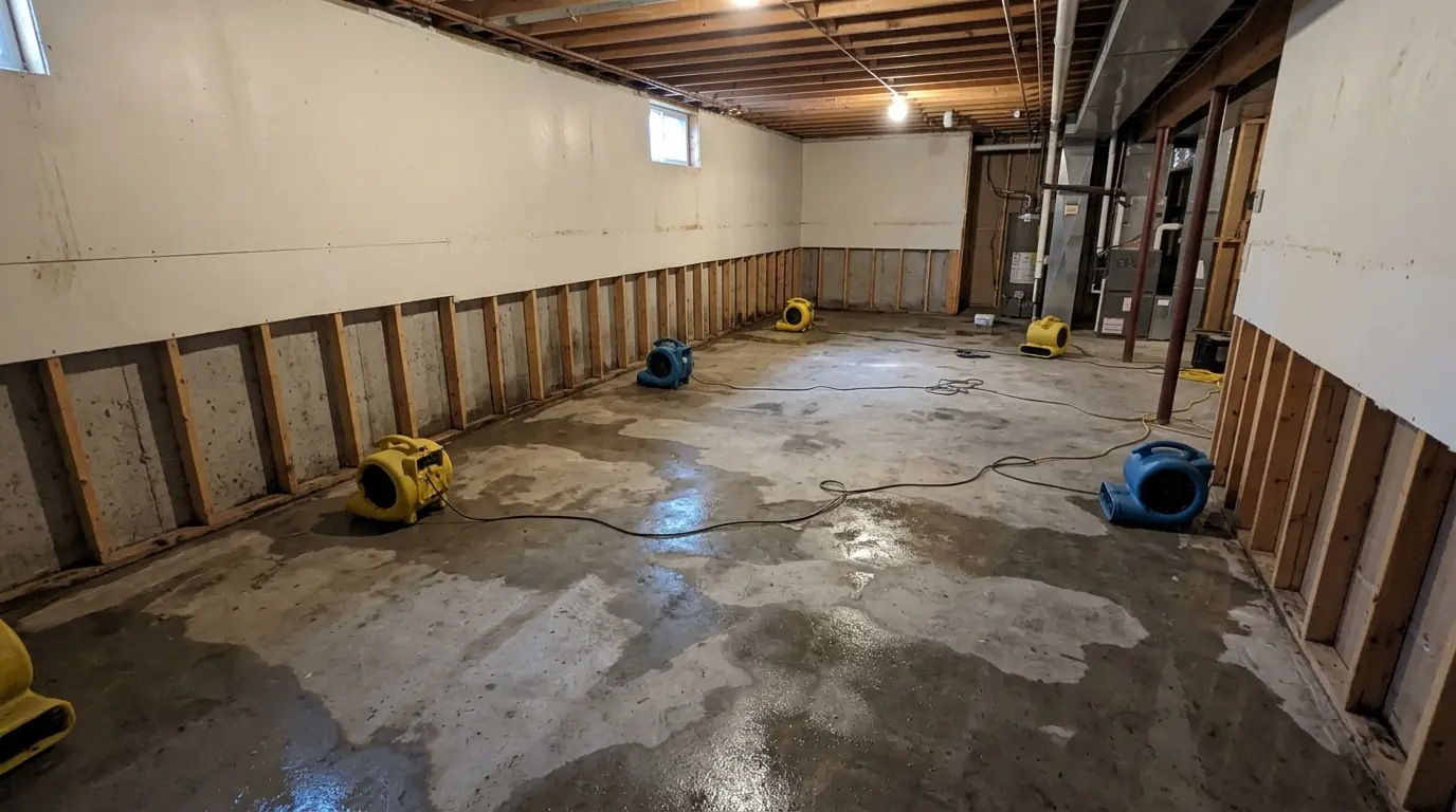 Basement floor drying after a sewer backup cleanup
