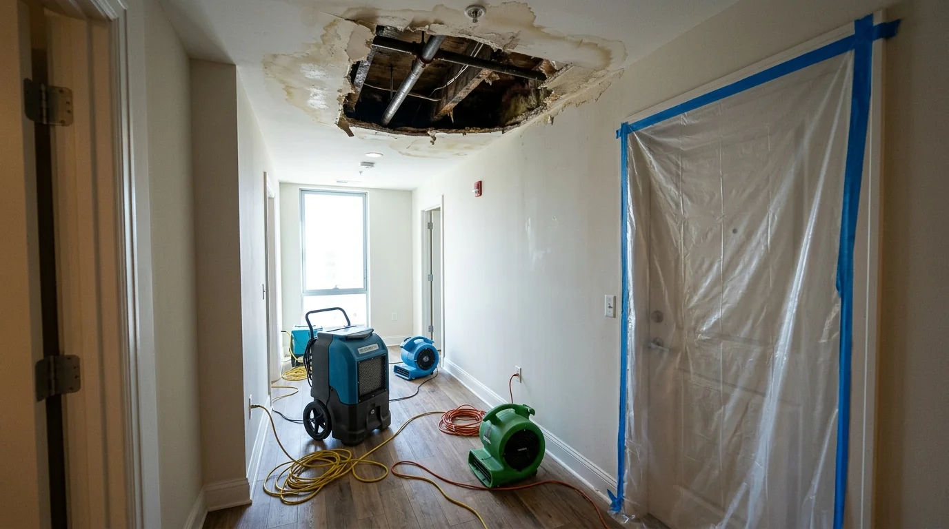 Dehumidifier and air movers drying a condo hallway with an opened, stained ceiling below a leak from the unit above