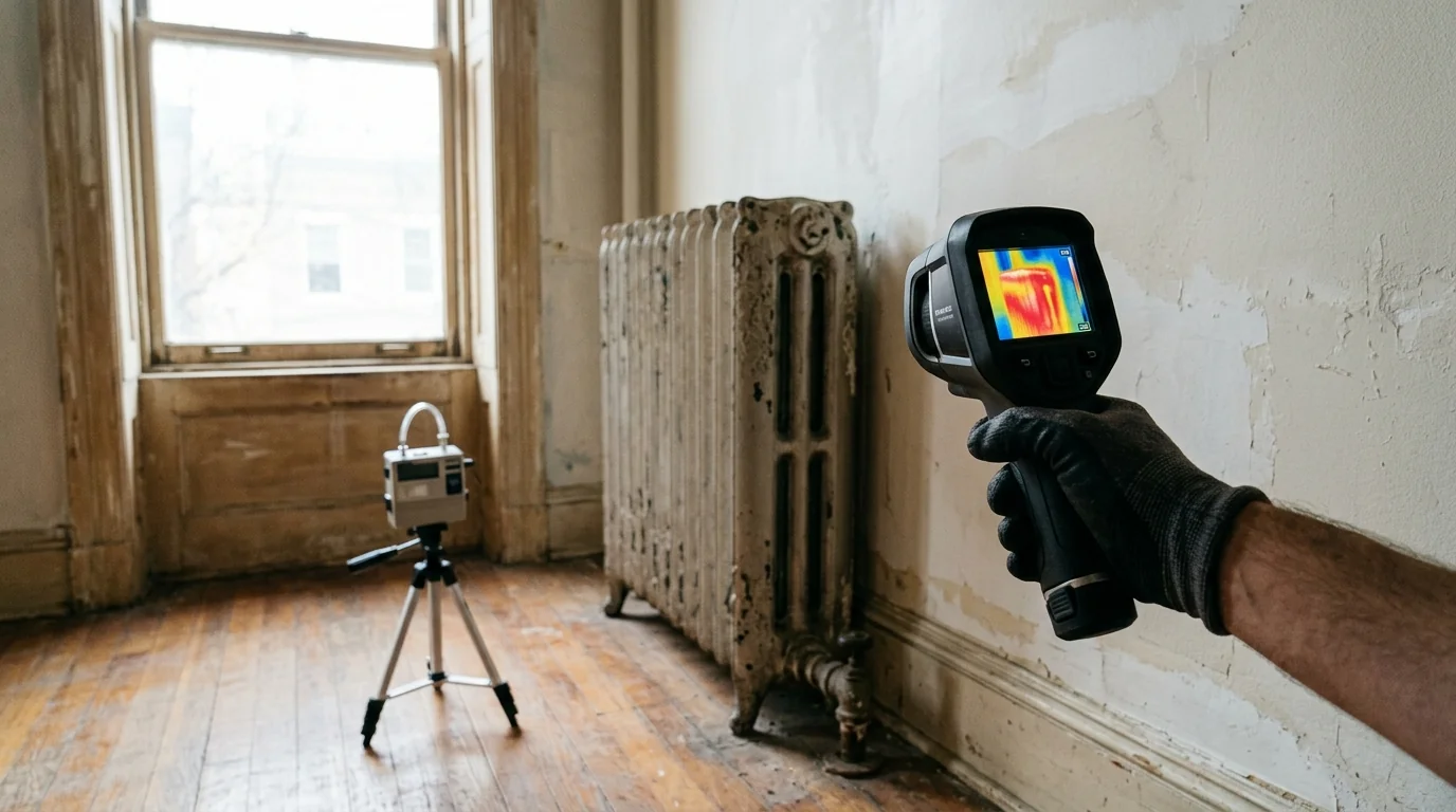 Technician holding a thermal camera toward a plaster wall in an older DC rowhouse to look for hidden moisture