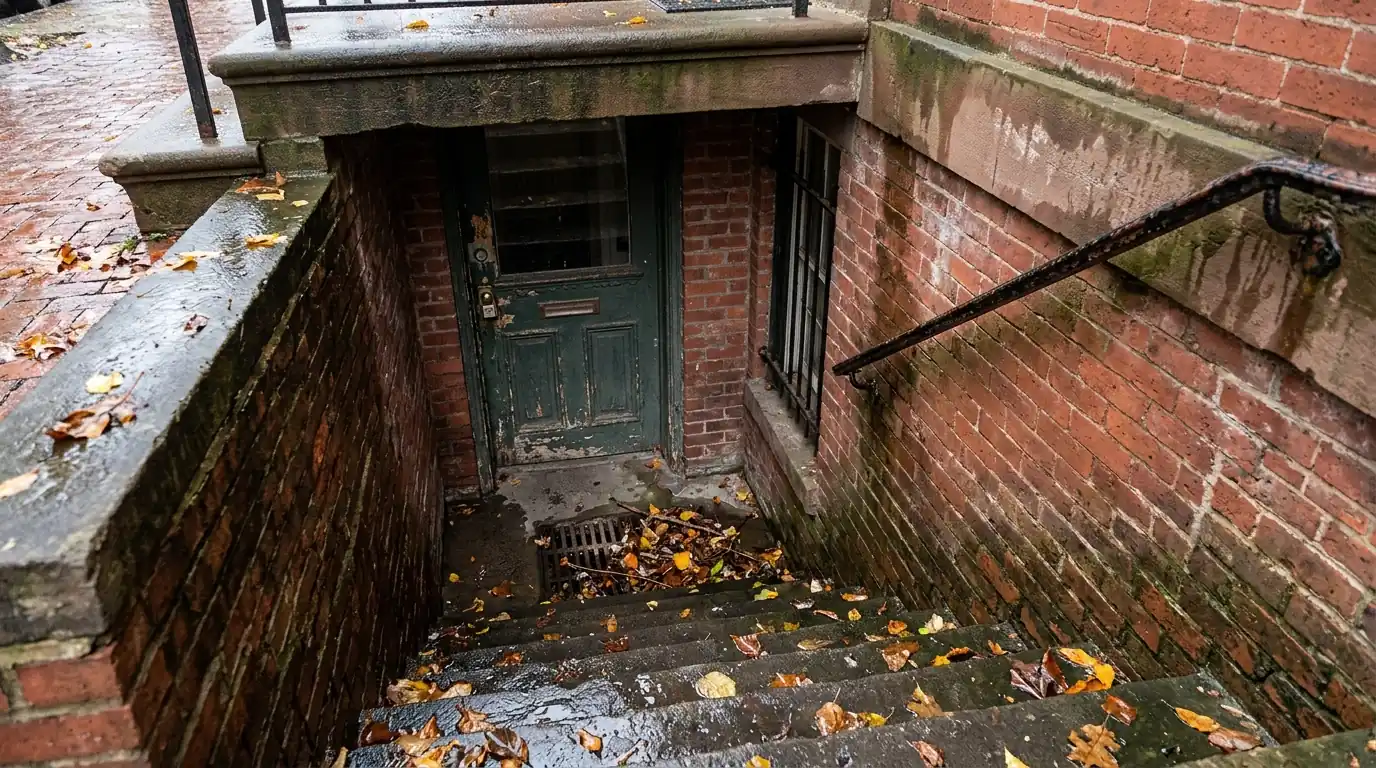 Front stairwell of a brick rowhouse English basement with a leaf-clogged drain grate below the door