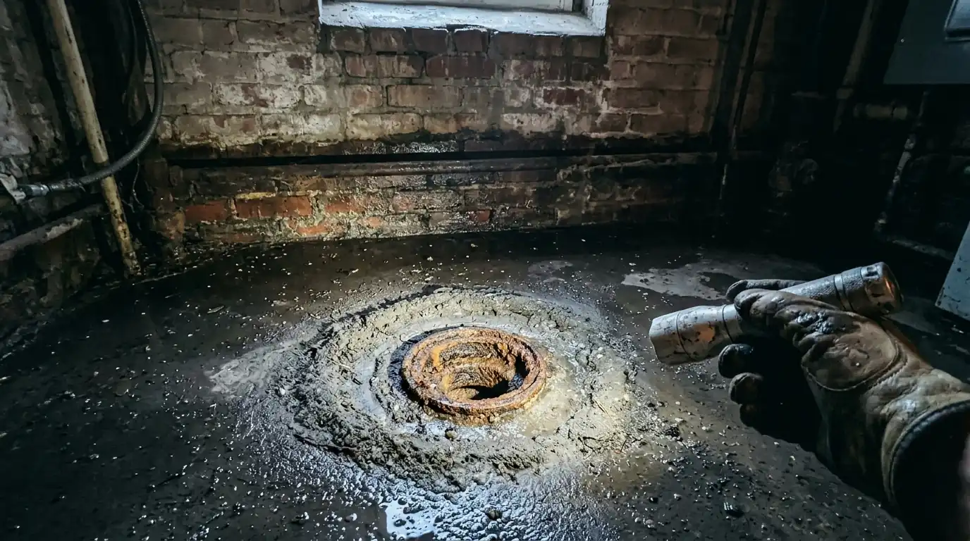 Basement floor drain with debris ring and wet concrete, next to a damp brick foundation wall