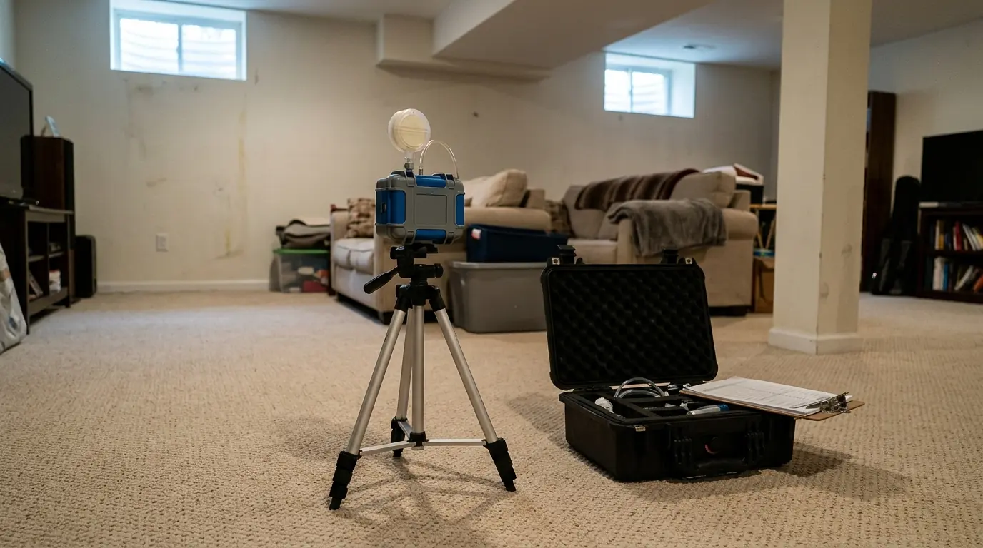 Air sampling pump on a small tripod with a spore trap cassette in a finished basement room