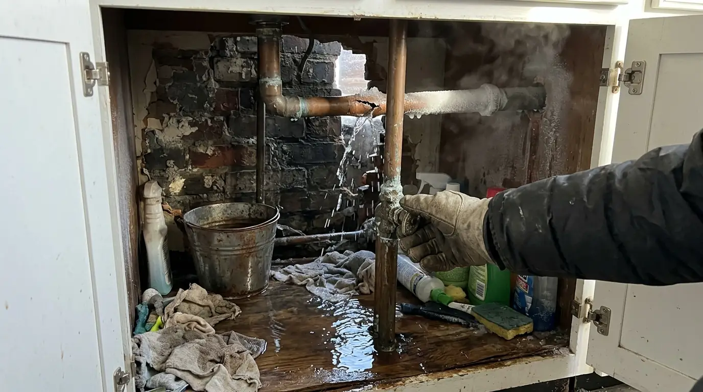 Split, frosted copper pipe in a kitchen sink cabinet on an outside brick wall, with water on the cabinet floor