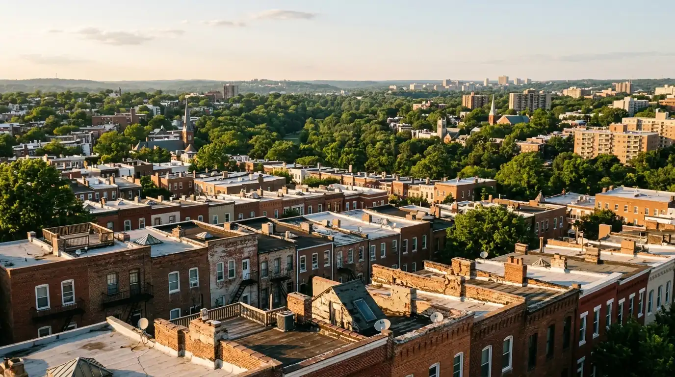 Rowhouse rooftops in Washington, DC with Rock Creek tree canopy beyond