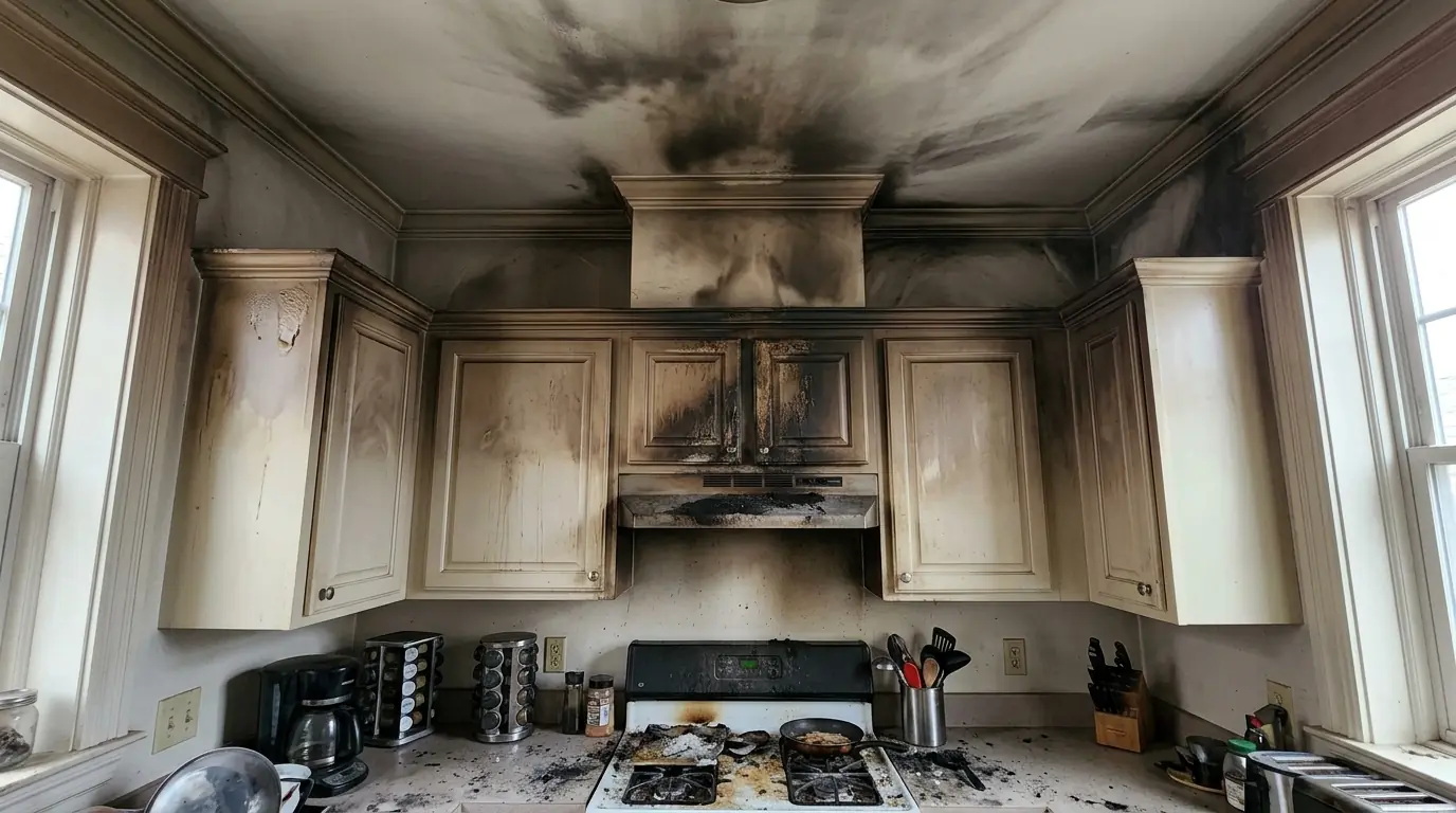 Soot on kitchen cabinets and ceiling after a stovetop fire