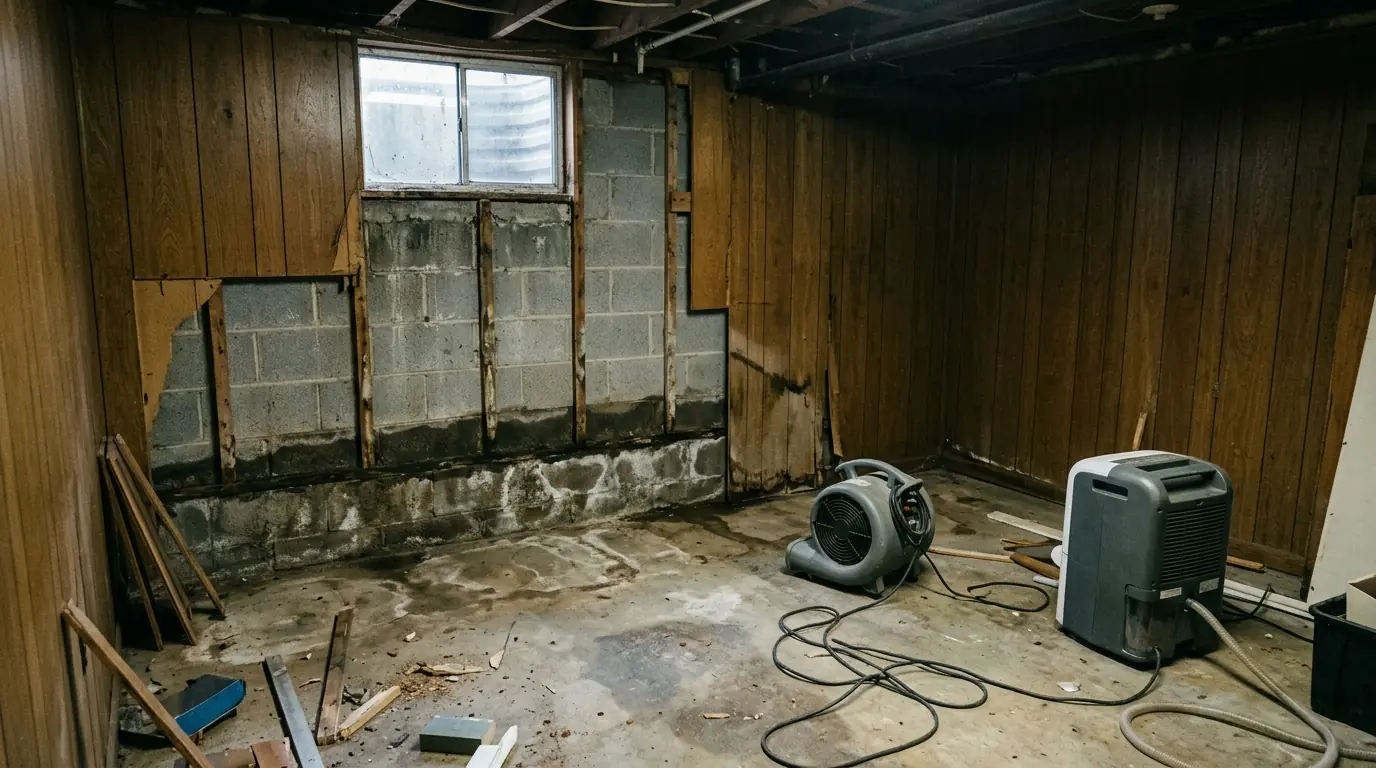 Damp block wall and pulled-back wood paneling in the basement of a detached Brookland bungalow