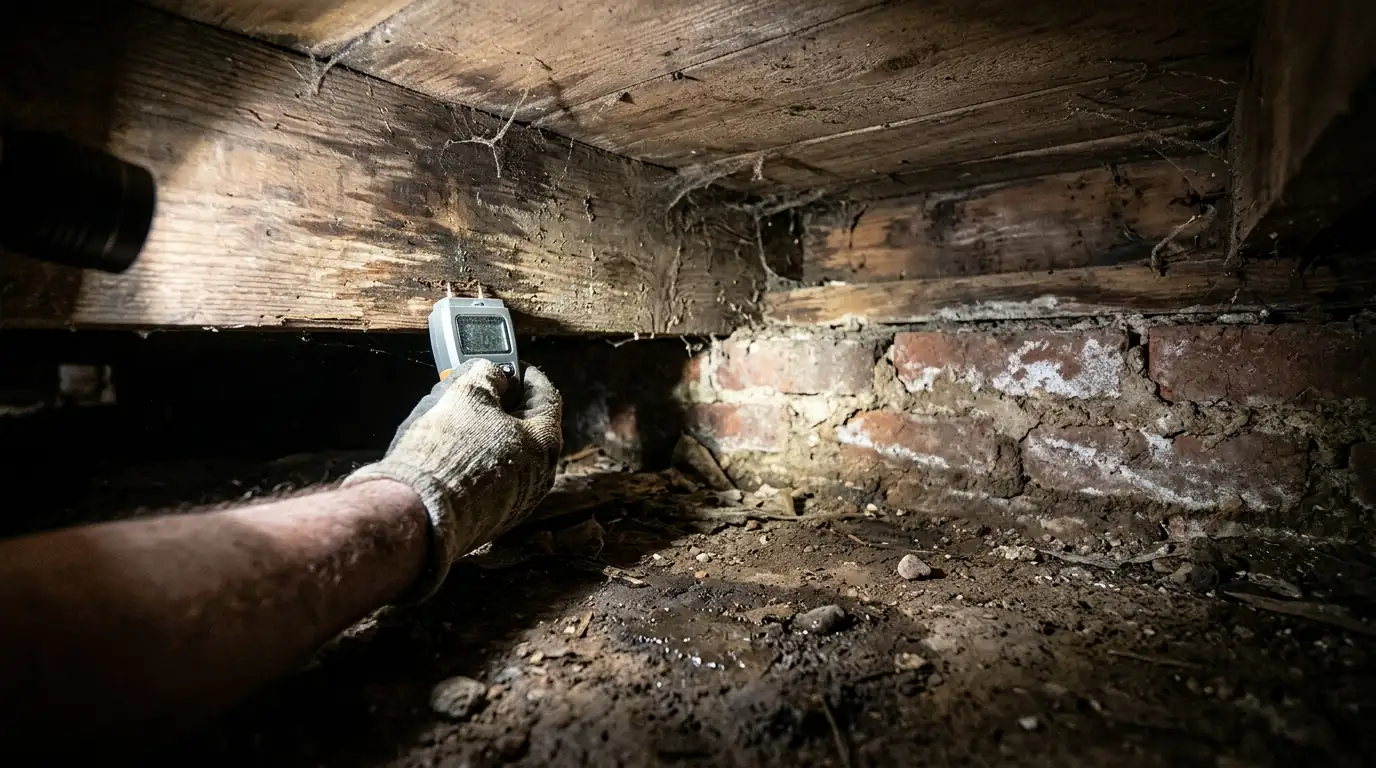 Technician in protective gear inspecting wet wood joists in the low crawl space of an older frame house