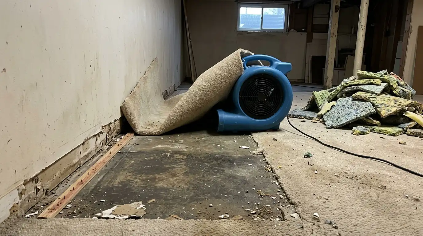 Wet carpet folded back in a basement room with the pad removed and an air mover blowing under it