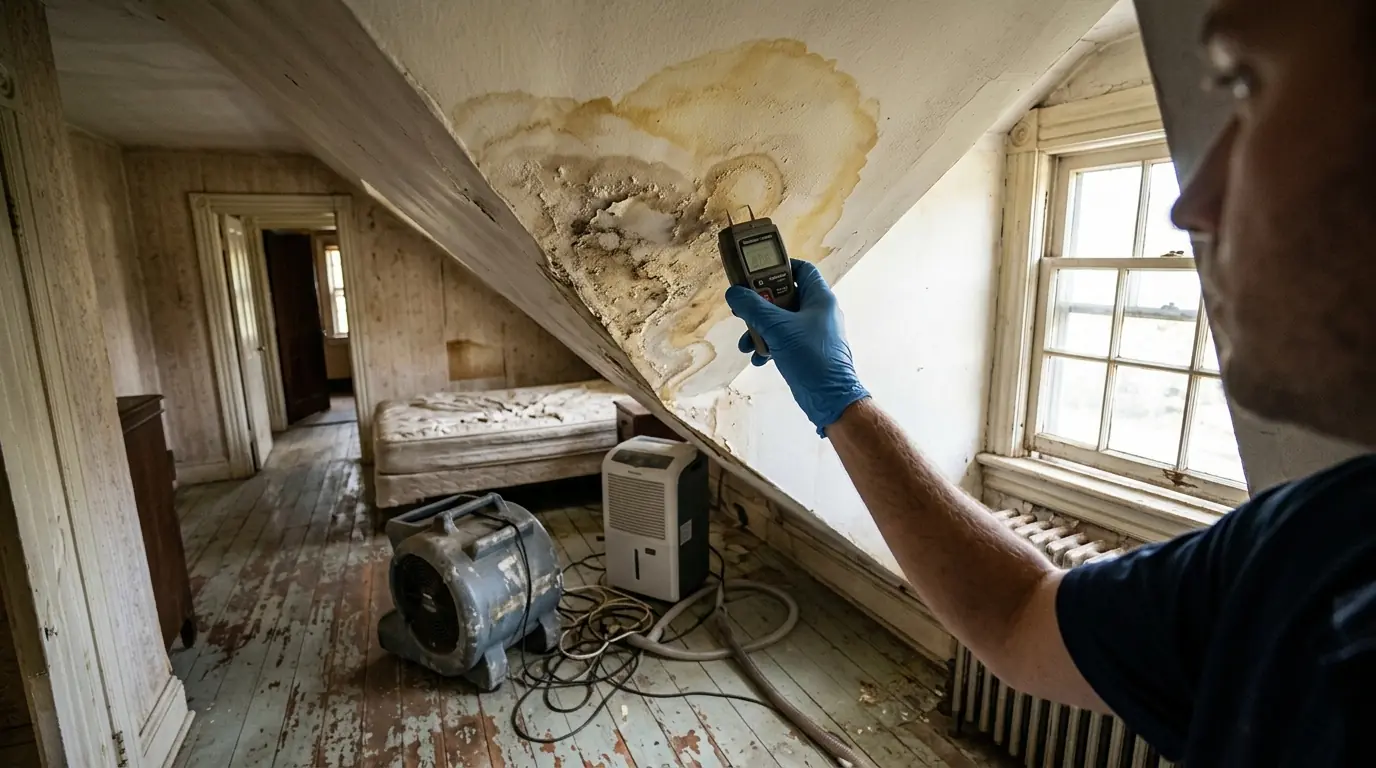 Water-stained plaster ceiling under a dormer in an early 1900s house with drying equipment below