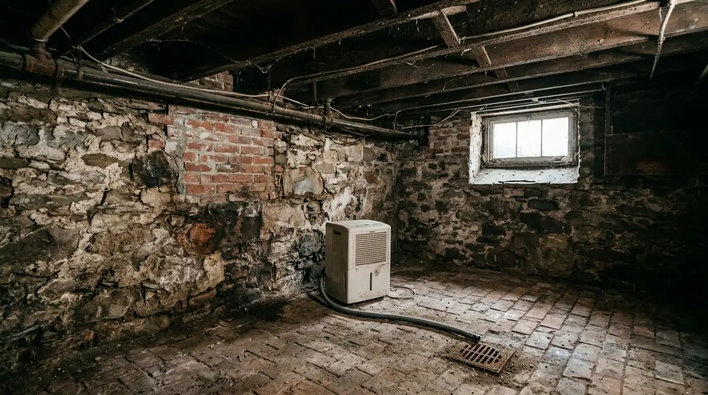 Fieldstone cellar wall with damp patches and a dehumidifier running in an old Georgetown rowhouse