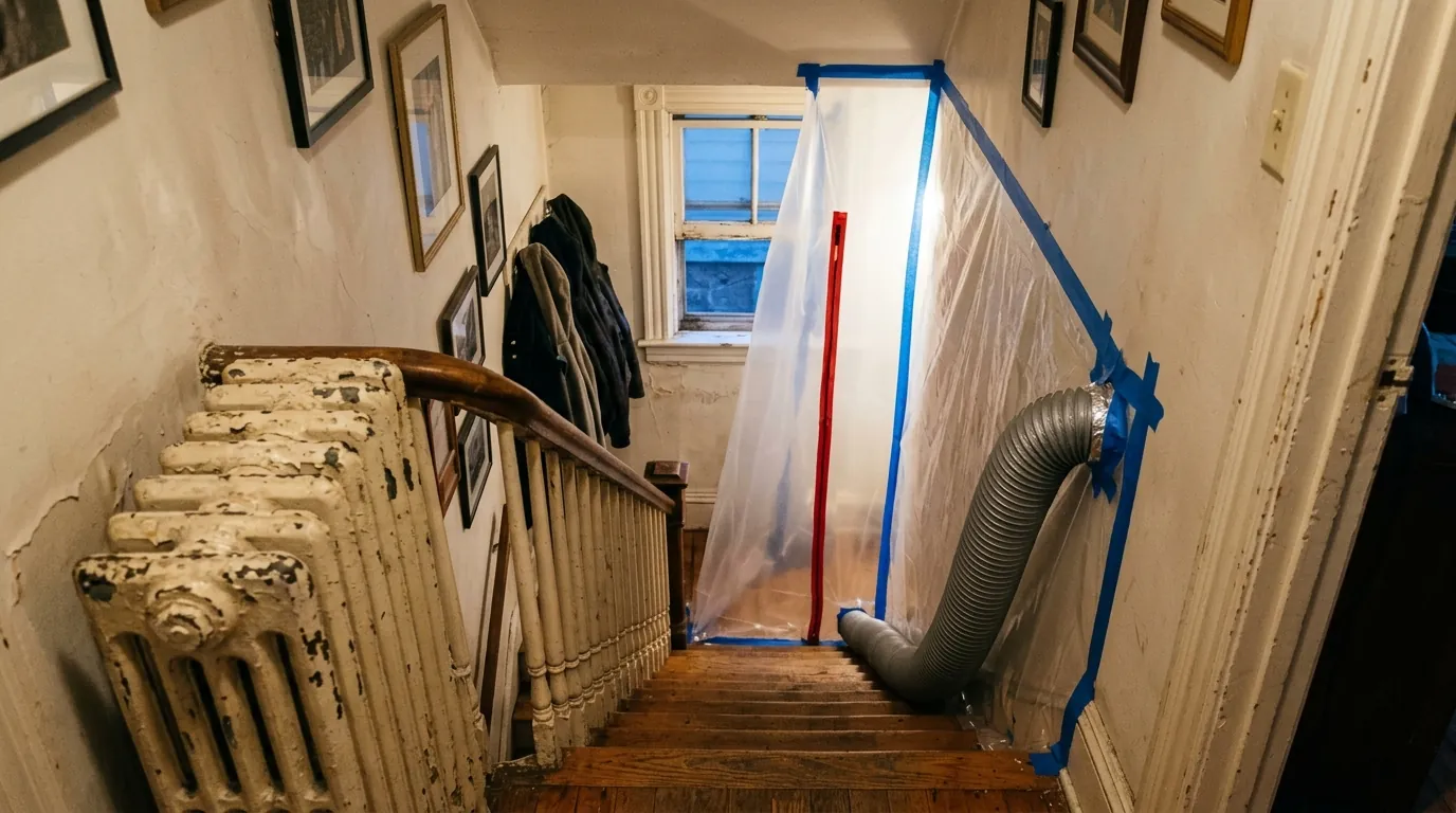 Plastic containment wall with a zipper door at the foot of rowhouse basement stairs, a flexible duct running to a window