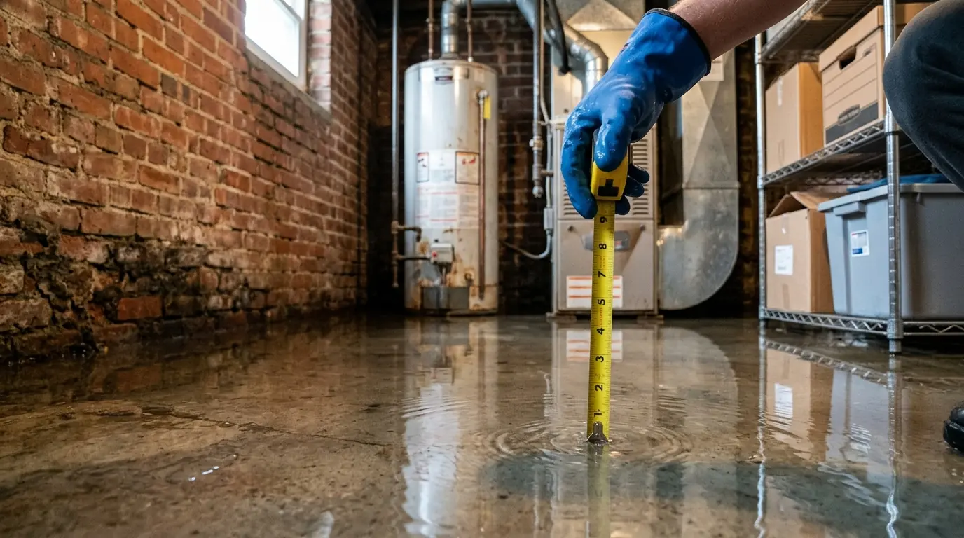 Flooded rowhouse basement with water around a water heater and furnace, boxes raised onto metal shelving