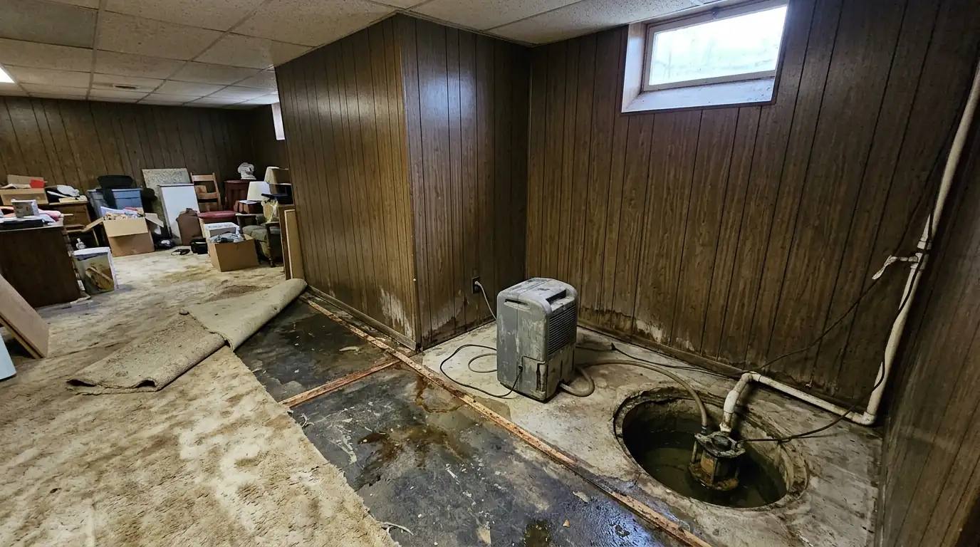 Wet carpet pulled back in a split-level family room beside an open sump pit and a running dehumidifier
