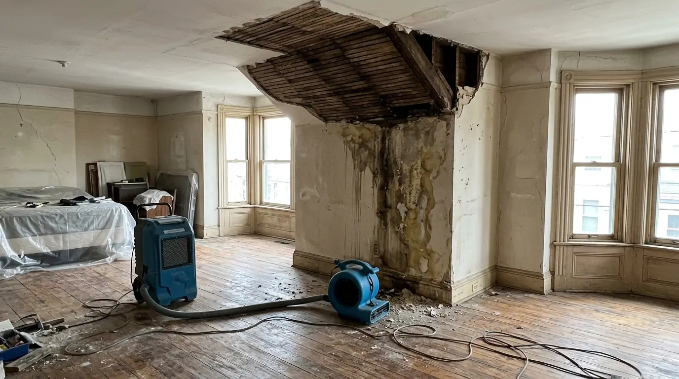Plaster ceiling opened along a party wall in a top-floor rowhouse bedroom with drying equipment below