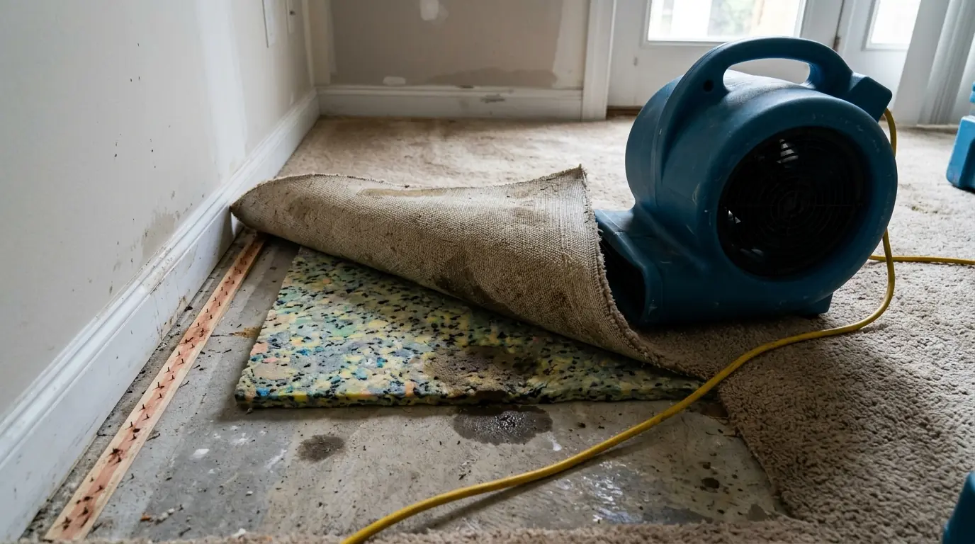 Wet carpet folded back from the tack strip with damp pad exposed and an air mover blowing underneath