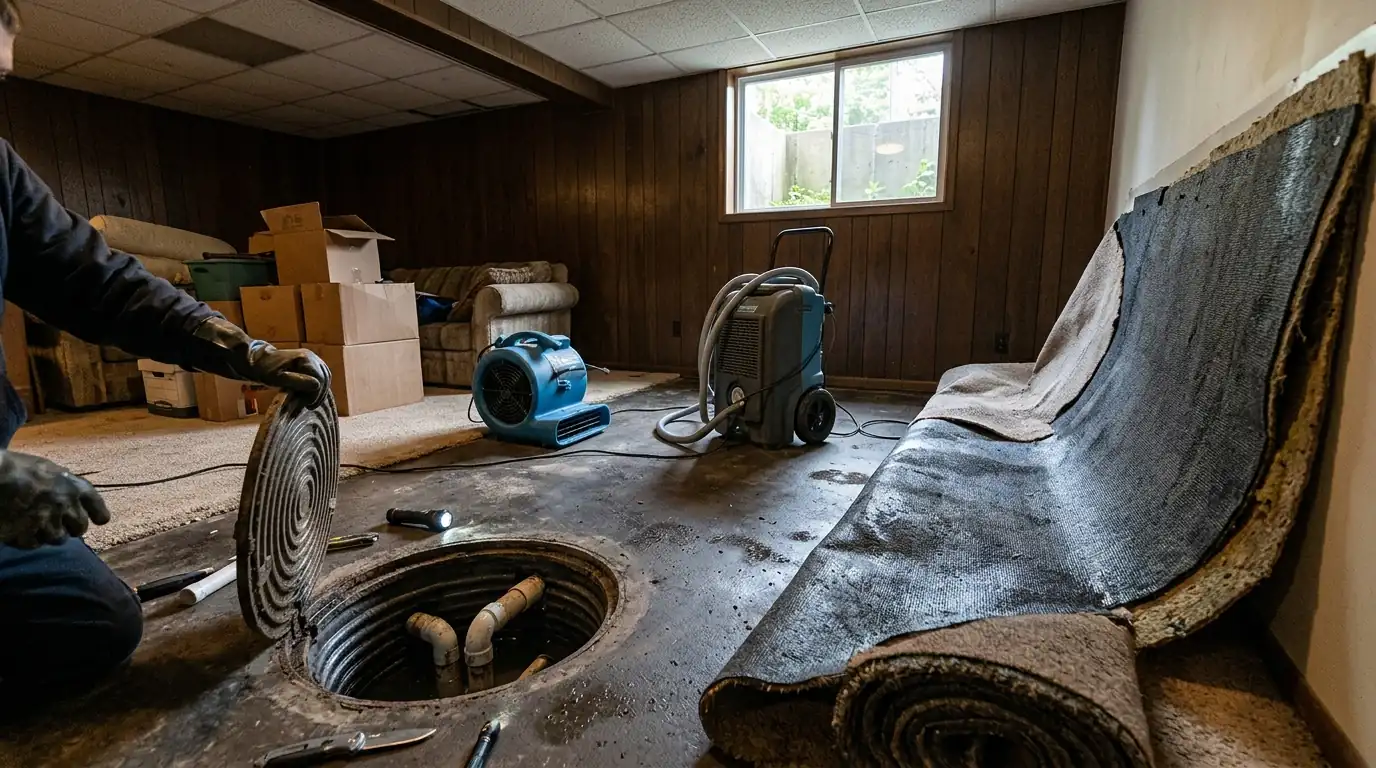 Wet carpet rolled back near a sump pit in the lower level of a 1960s Maryland split-level