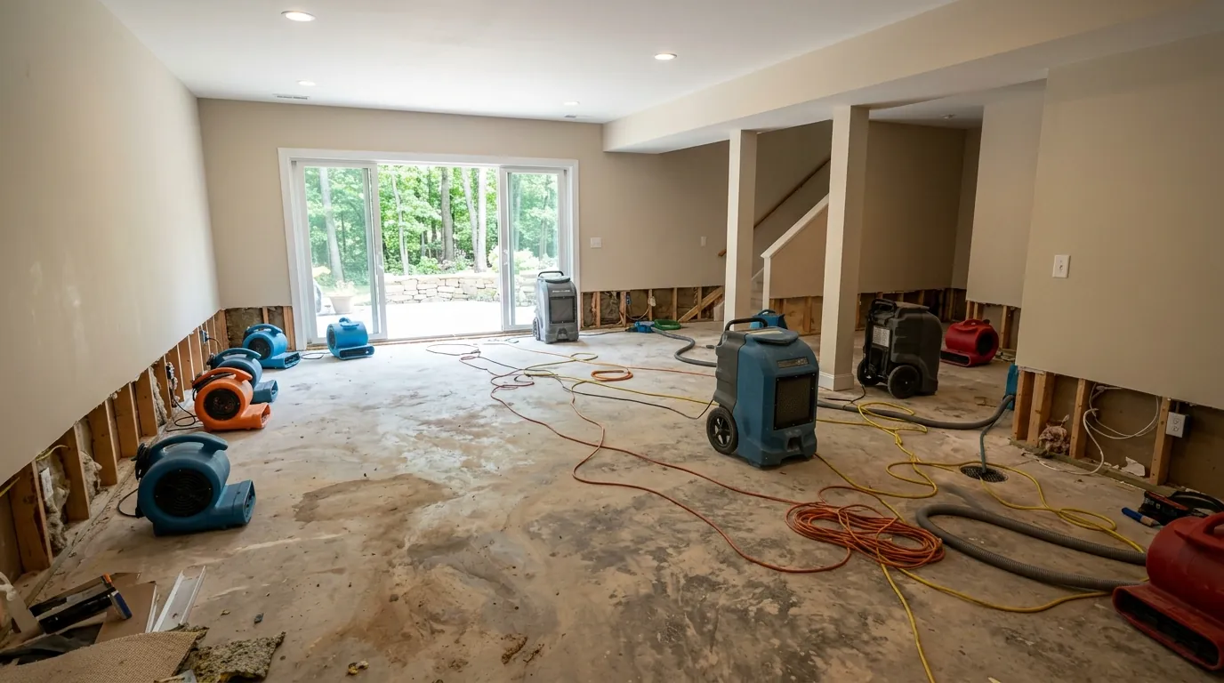 Finished walkout basement in a large home with carpet removed and multiple dehumidifiers and air movers running