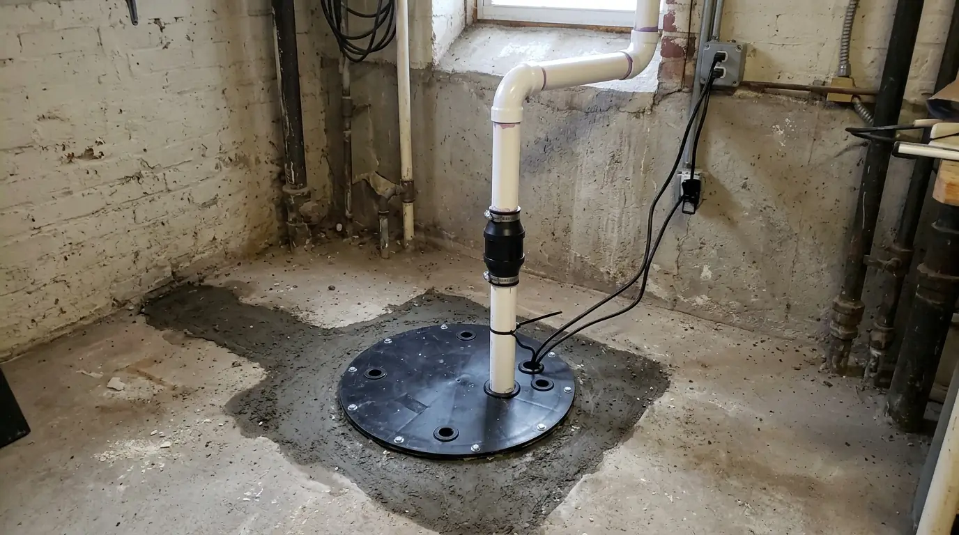 New sump pump in a lined pit with white PVC discharge pipe and a check valve in a basement