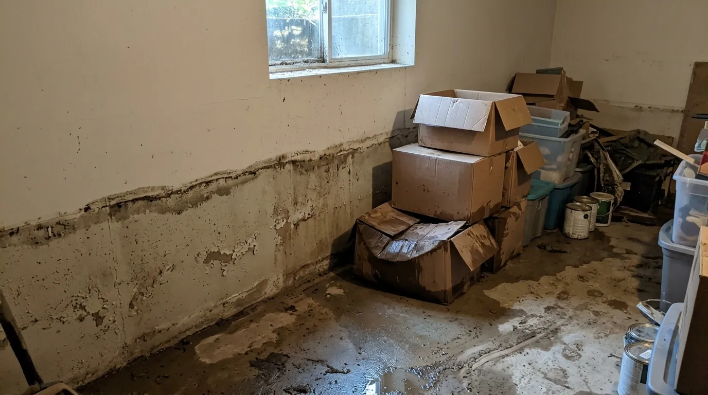 Mud line on painted basement walls after a summer storm