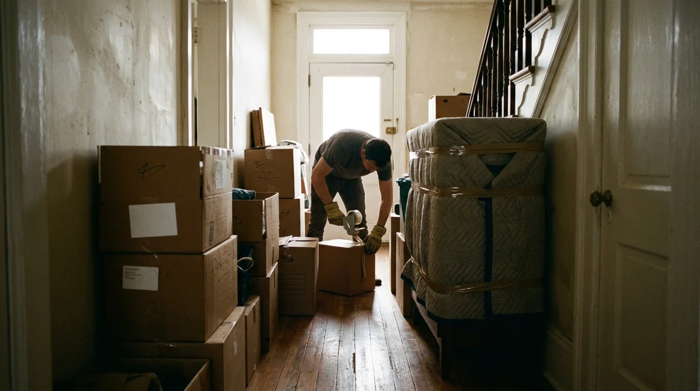 Labeled moving boxes and padded furniture staged in a rowhouse hallway during a contents pack-out after a fire