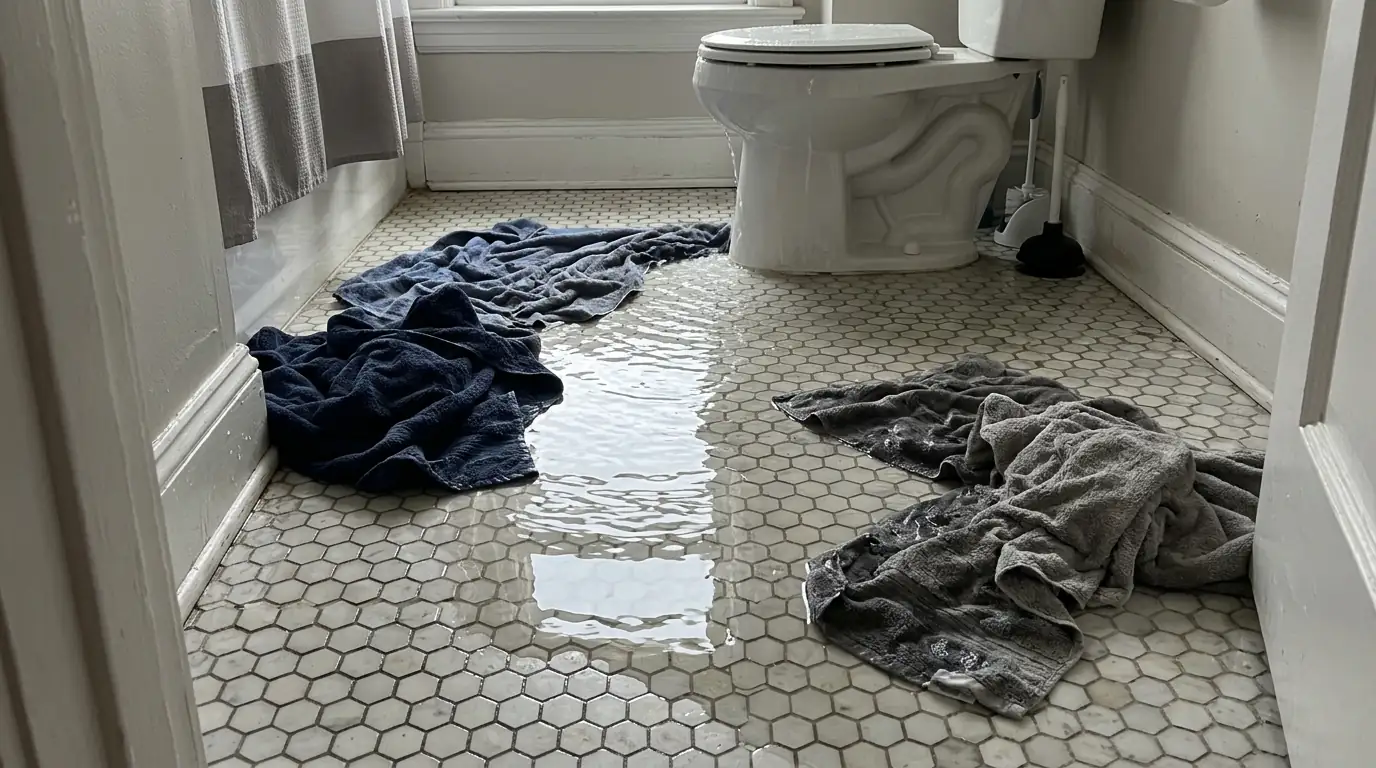 Water spreading across a hexagon tile bathroom floor from an overflowing toilet