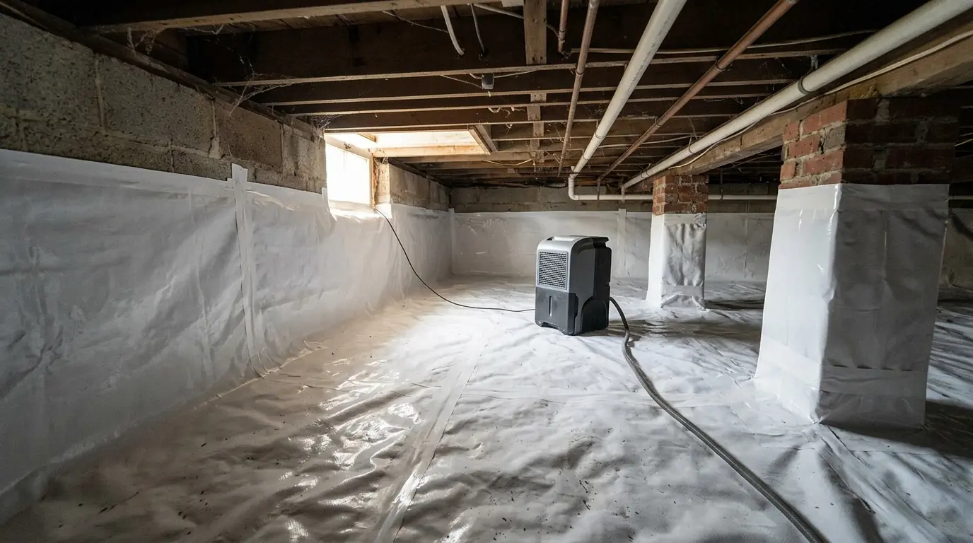Bright white vapor barrier covering a crawl space floor and walls with a compact dehumidifier