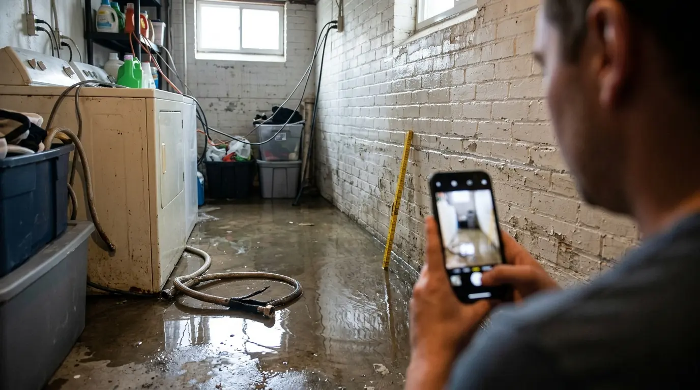Homeowner photographing a wet basement floor and a failed washing machine hose with a phone before cleanup