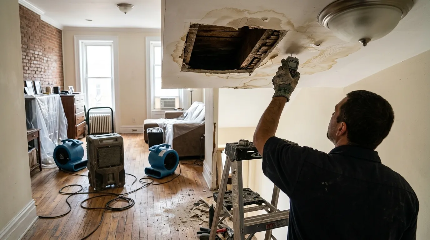 Dehumidifier and air movers drying an opened plaster ceiling in a converted rowhouse condo