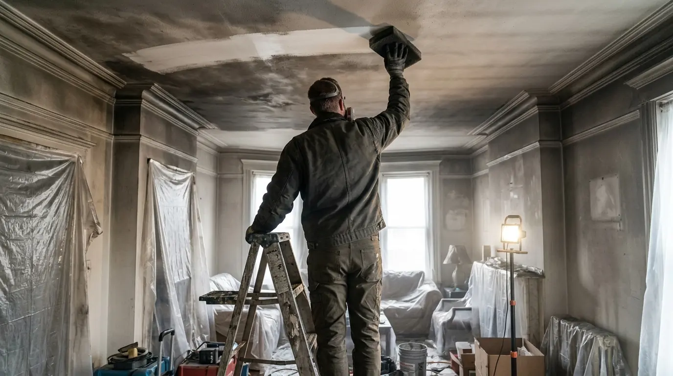 Technician cleaning soot from a ceiling