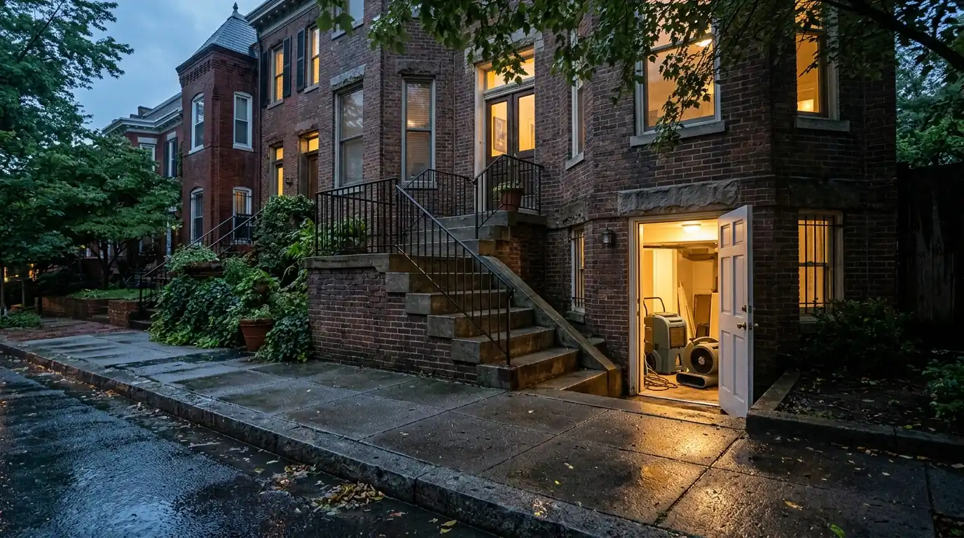 DC rowhouse English basement with drying equipment running after a summer storm