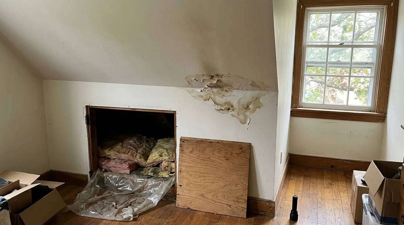 Damp insulation pulled from the knee wall of a Cape Cod upstairs bedroom with a water-stained ceiling
