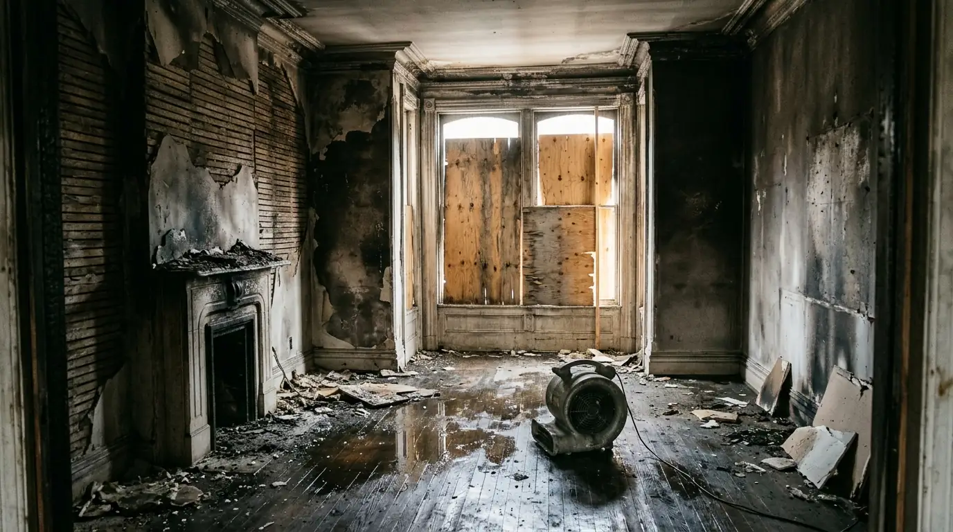 Fire-damaged rowhouse front room with charred plaster, a boarded window and an air mover drying the wet floor