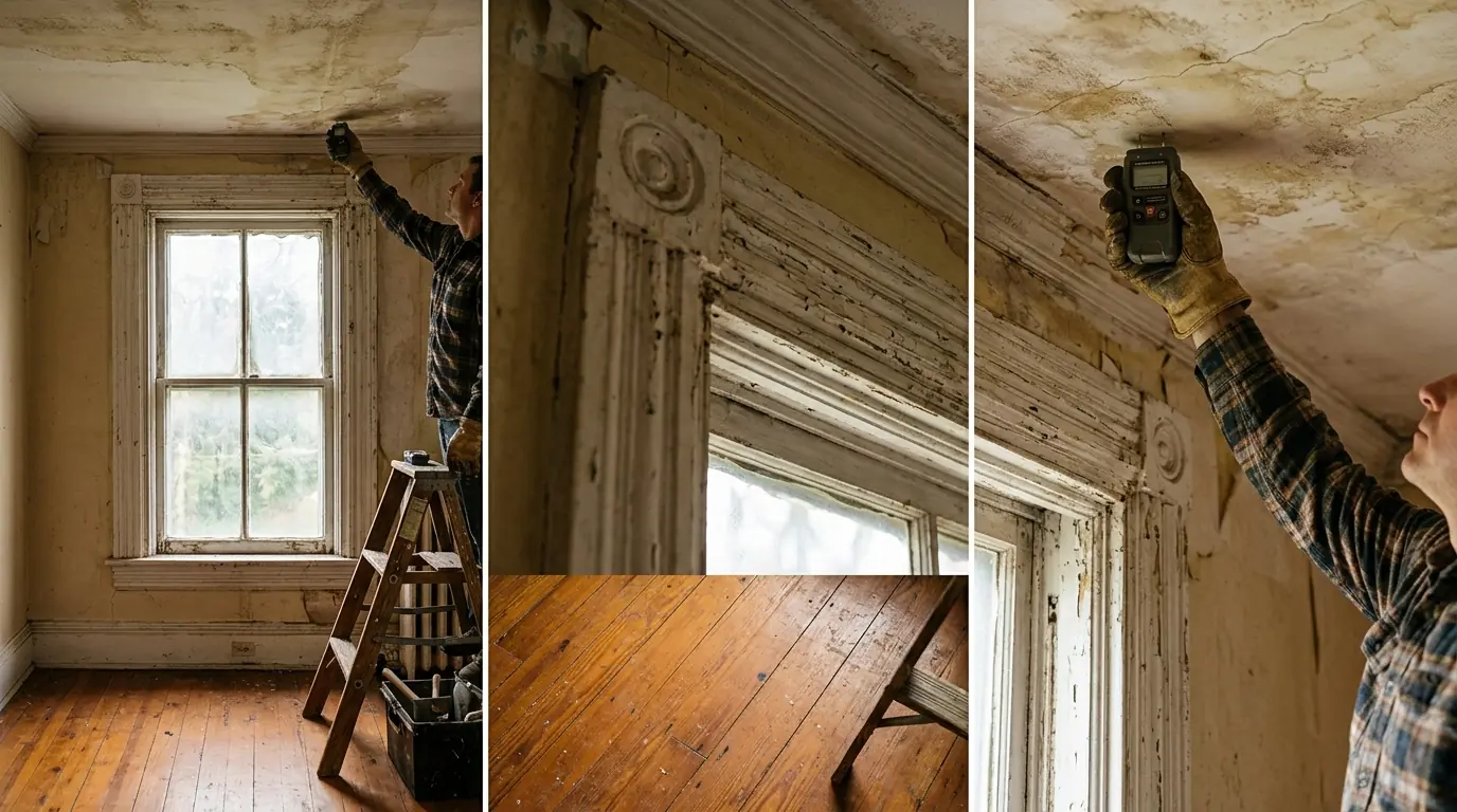 Victorian bedroom with a stained plaster ceiling being checked with a moisture meter near a tall window